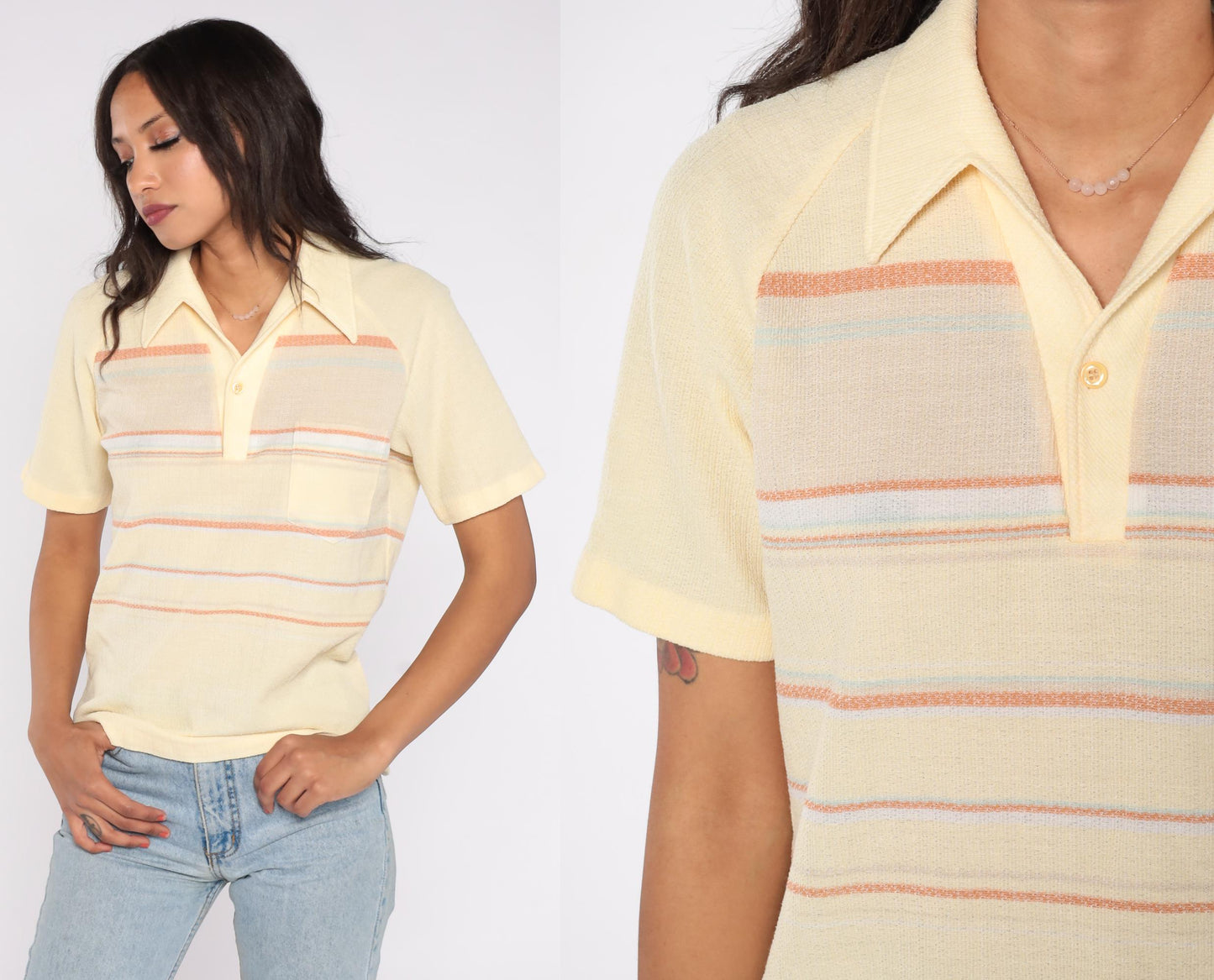 70s Charisma California Knit Polo Shirt Yellow Striped Collared Large