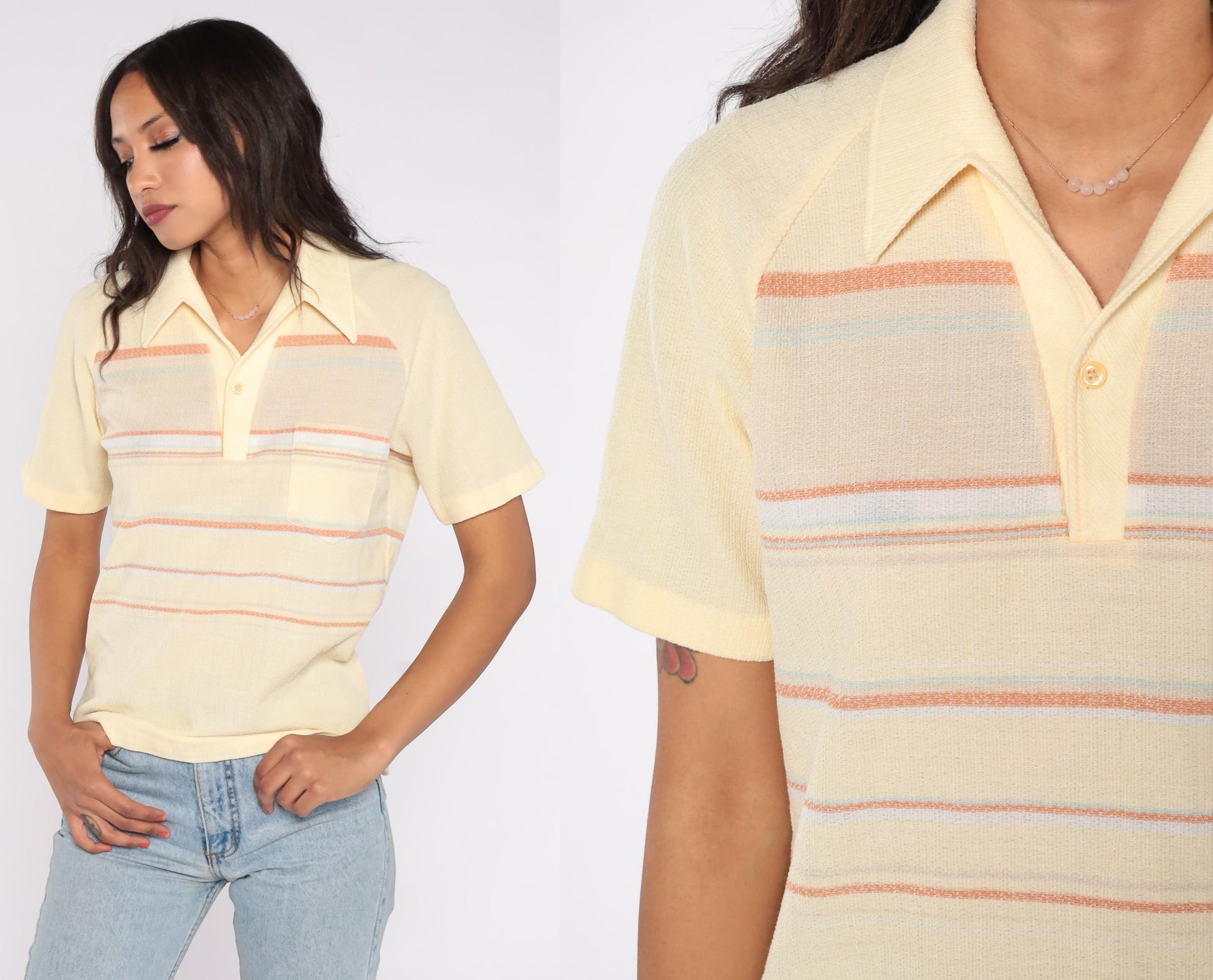 70s Charisma California Knit Polo Shirt Yellow Striped Collared Large