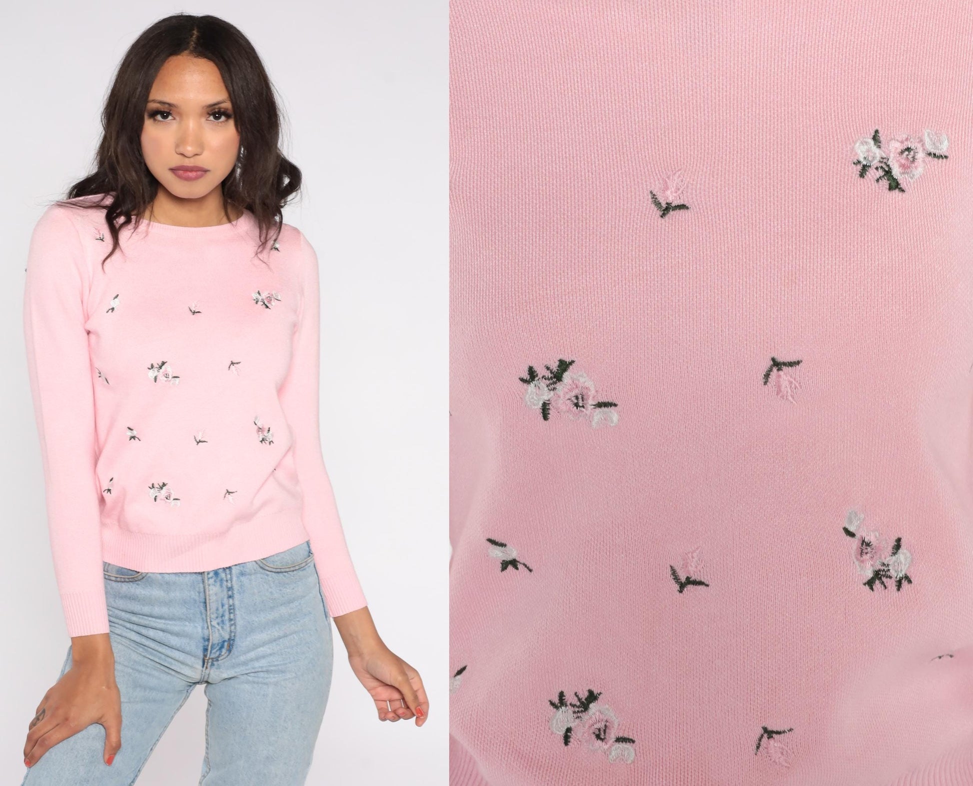 70s Pink Floral Embroidered Knit Sweater Crew Neck Long Sleeve Small S