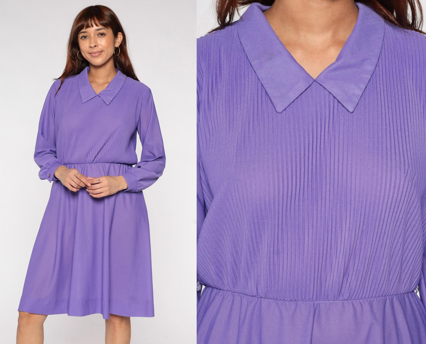70s Ina Carol Lavender Pleated Collar Secretary Dress Long Sleeve Medium M