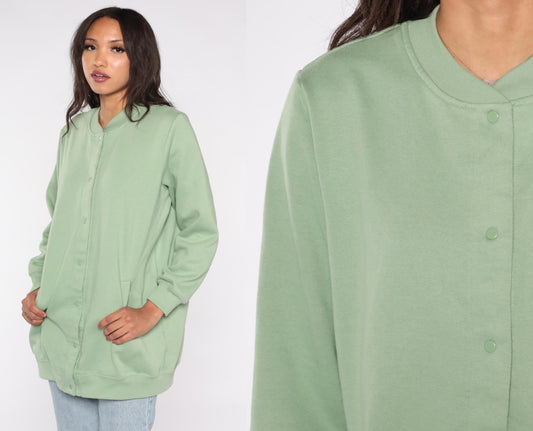 90s Only Necessities Sage Green Snap Button Sweatshirt Jacket Medium M