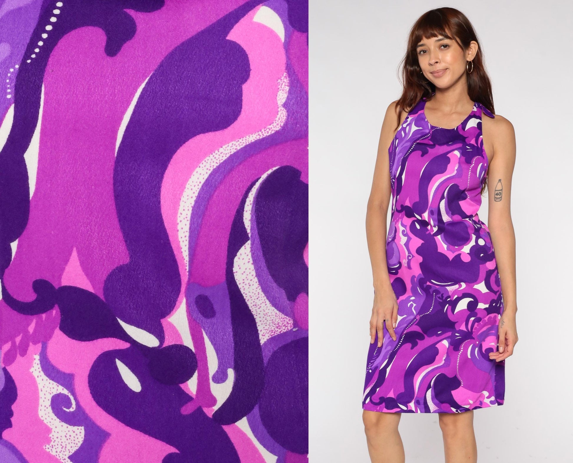 70s Purple Pink Hawaiian Print Halter Mini Dress Tie Back Sleeveless XS