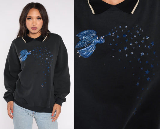 90s Morning Sun Angel Celestial Sweatshirt Black Blue Graphic Cotton Plus 1X