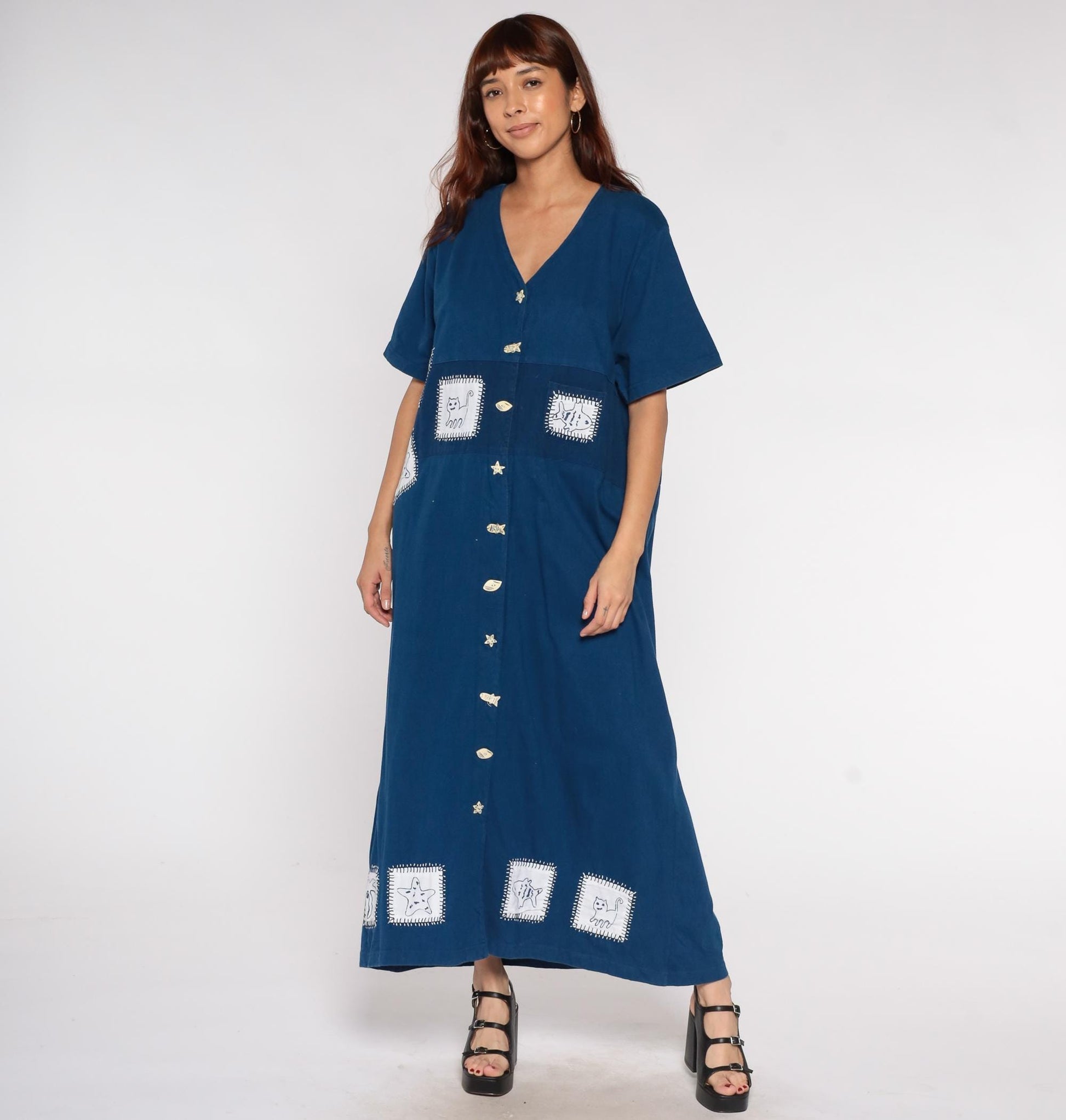 Y2K Navy Caftan Cat Fish Embroidered Button Front Maxi Cotton XL