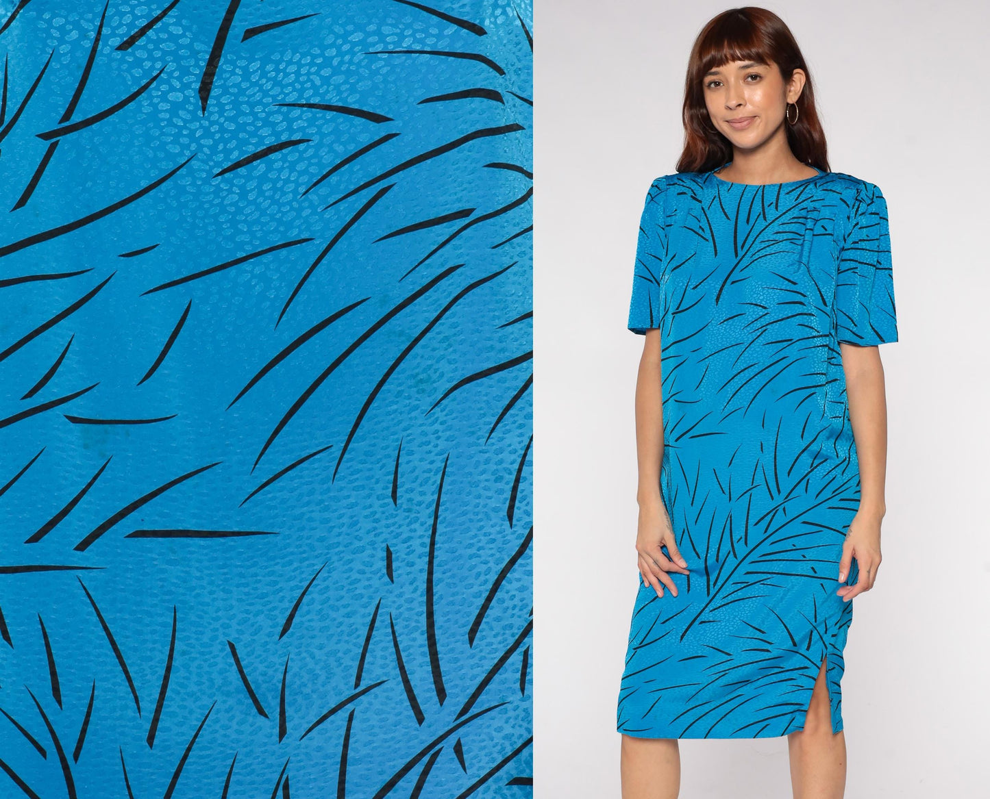 80s Liz Claiborne Turquoise Abstract Print Midi Dress Short Sleeve Small S