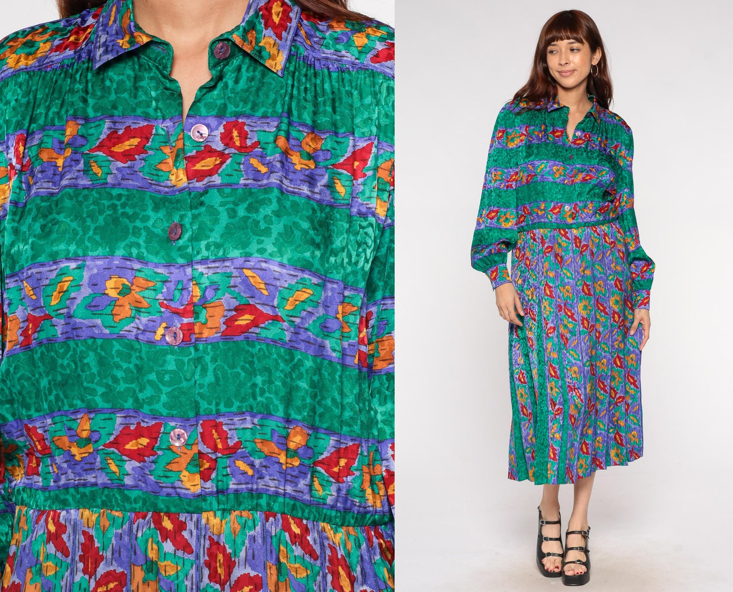 80s Adrianna Papell Silk Midi Dress Floral Print Collared Long Sleeve Medium