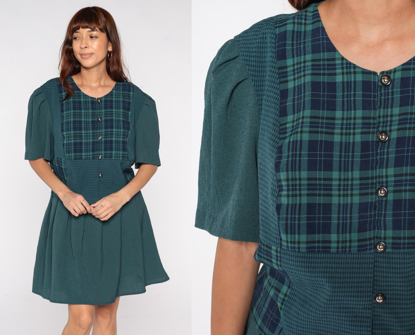 90s Lady Dorby Plaid Mini Dress Forest Green Navy Tie Back Plus Size 22W