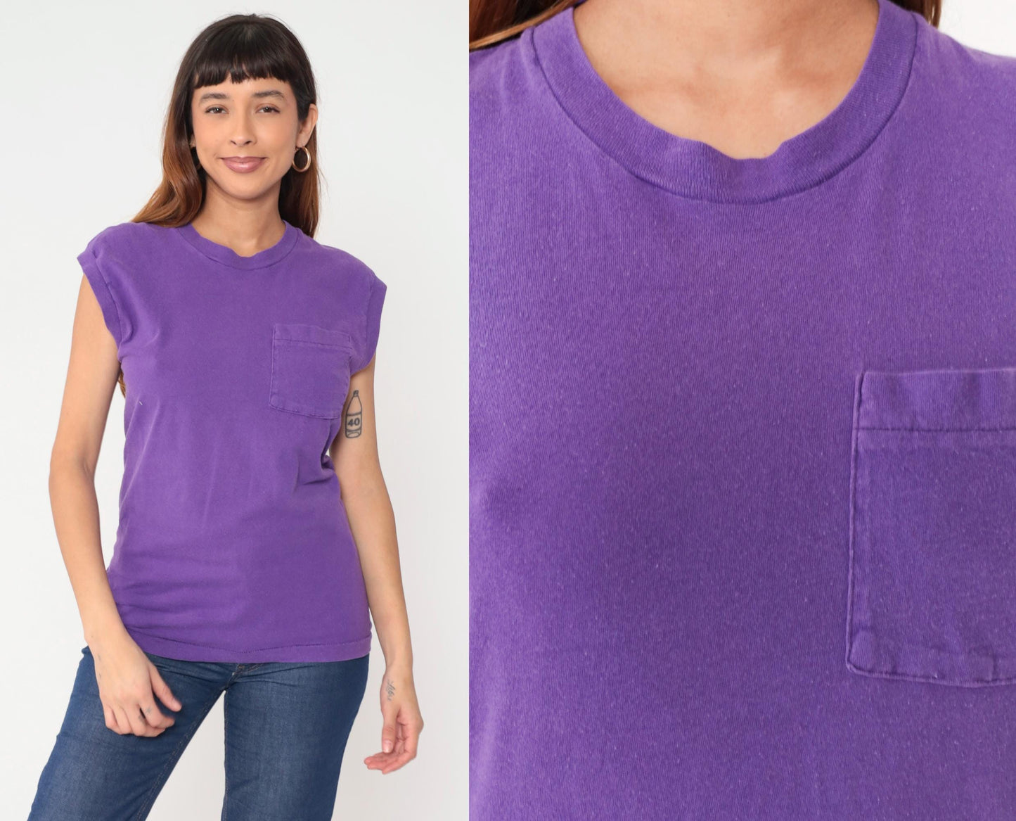 90s Fruit of the Loom Purple Muscle Tee Cotton Pocket Crewneck Medium M