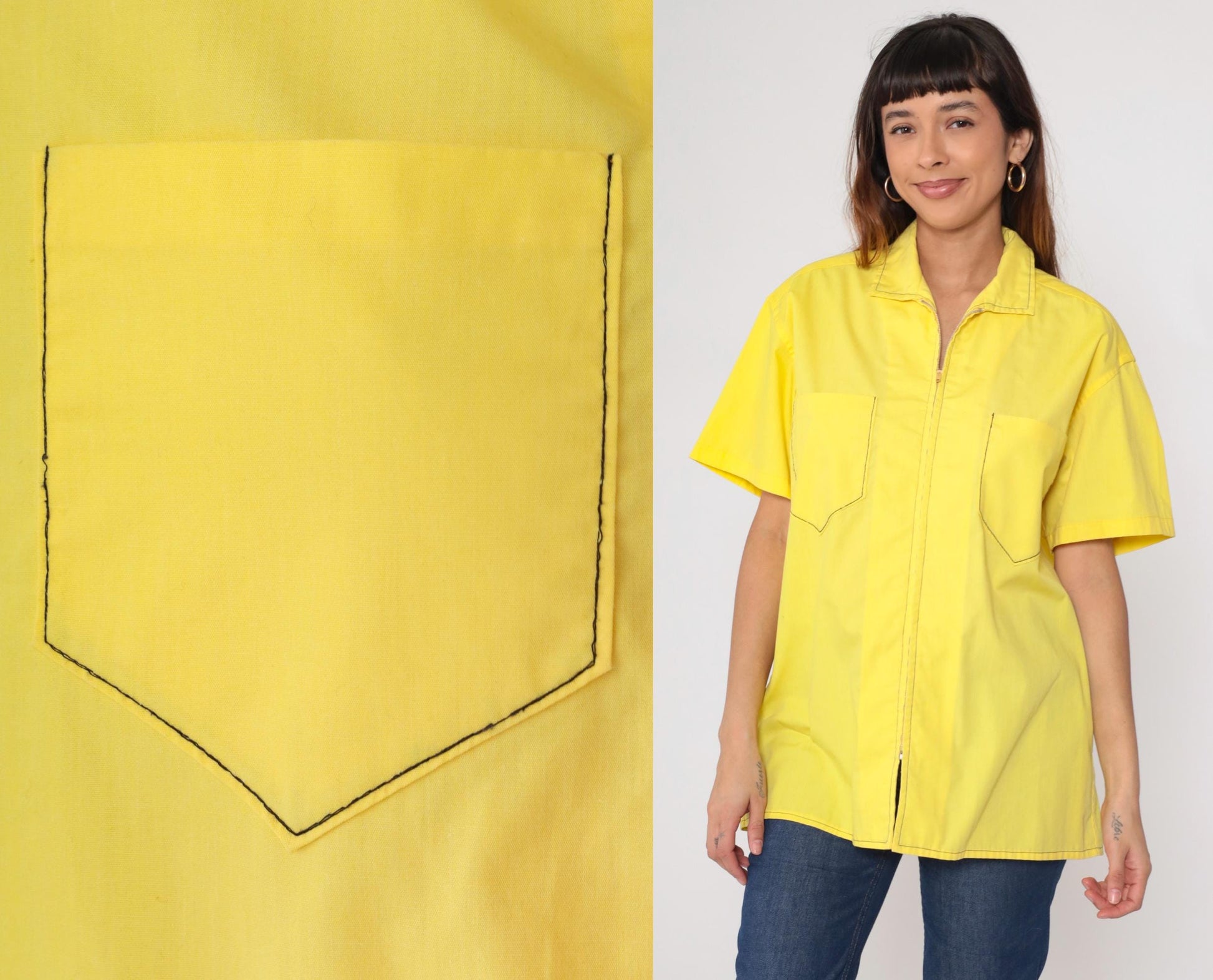 70s Yellow Zip-Front Work Shirt Cotton Blend Utility Pockets Extra Large XL