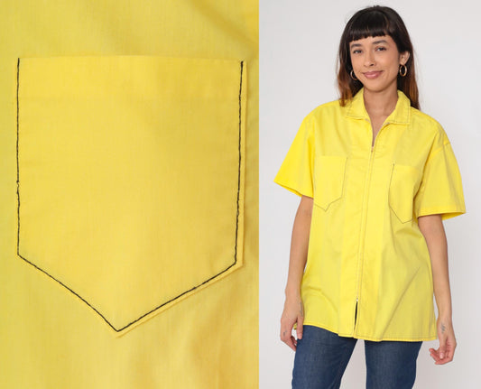 70s Yellow Zip-Front Work Shirt Cotton Blend Utility Pockets Extra Large XL