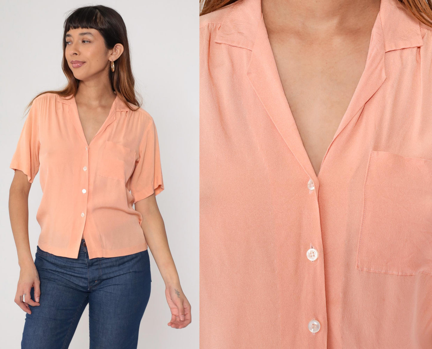 50s Peach Button-Down Blouse Rayon Blend V-Neck Short Sleeve Small