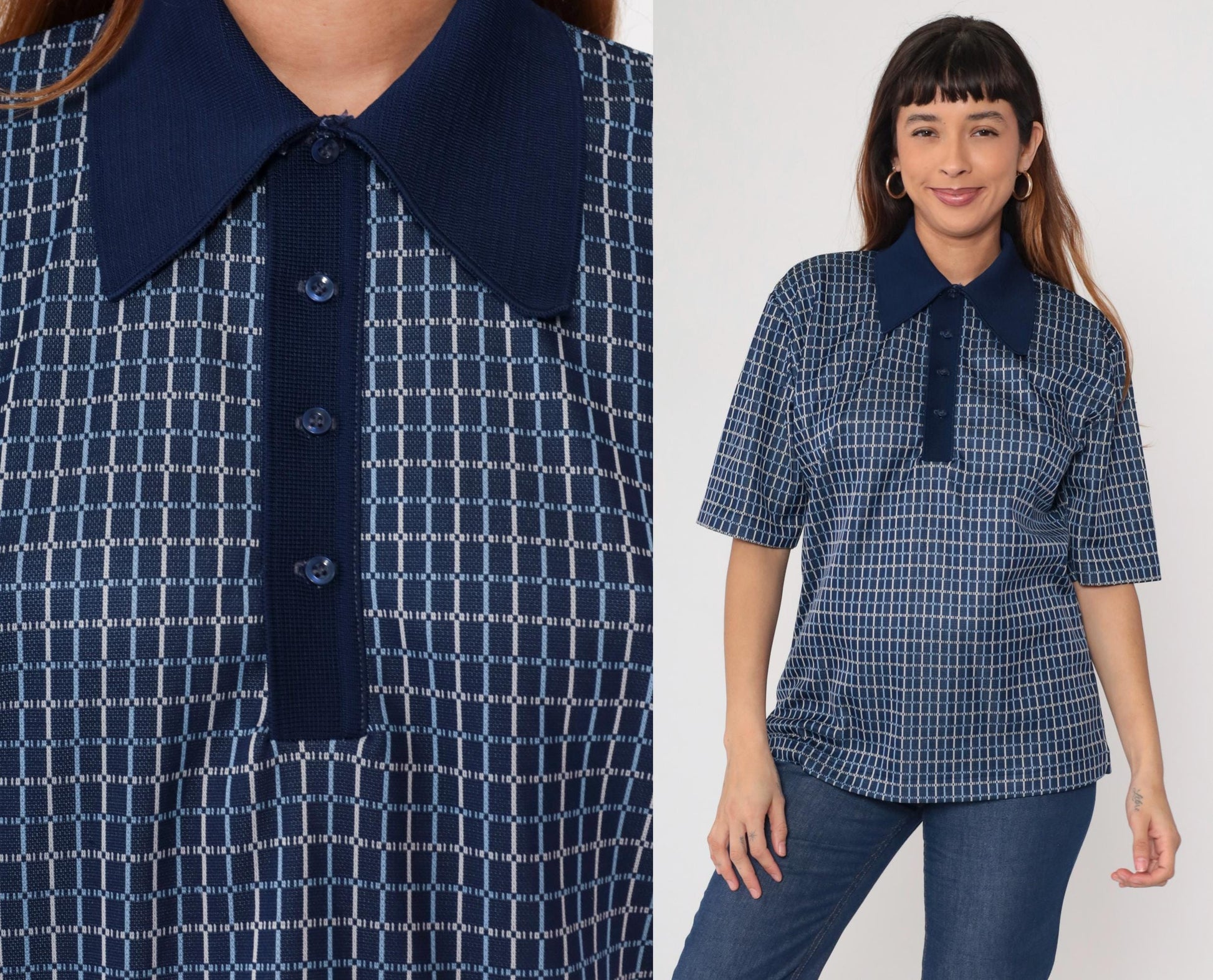 70s Leonardo Strassi Navy Grid Pattern Polo Shirt Short Sleeve Large L