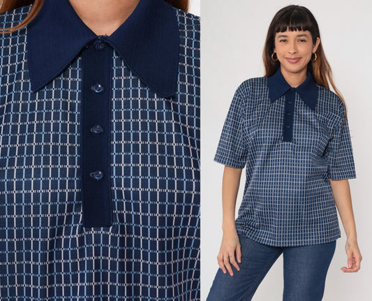70s Leonardo Strassi Navy Grid Pattern Polo Shirt Short Sleeve Large L