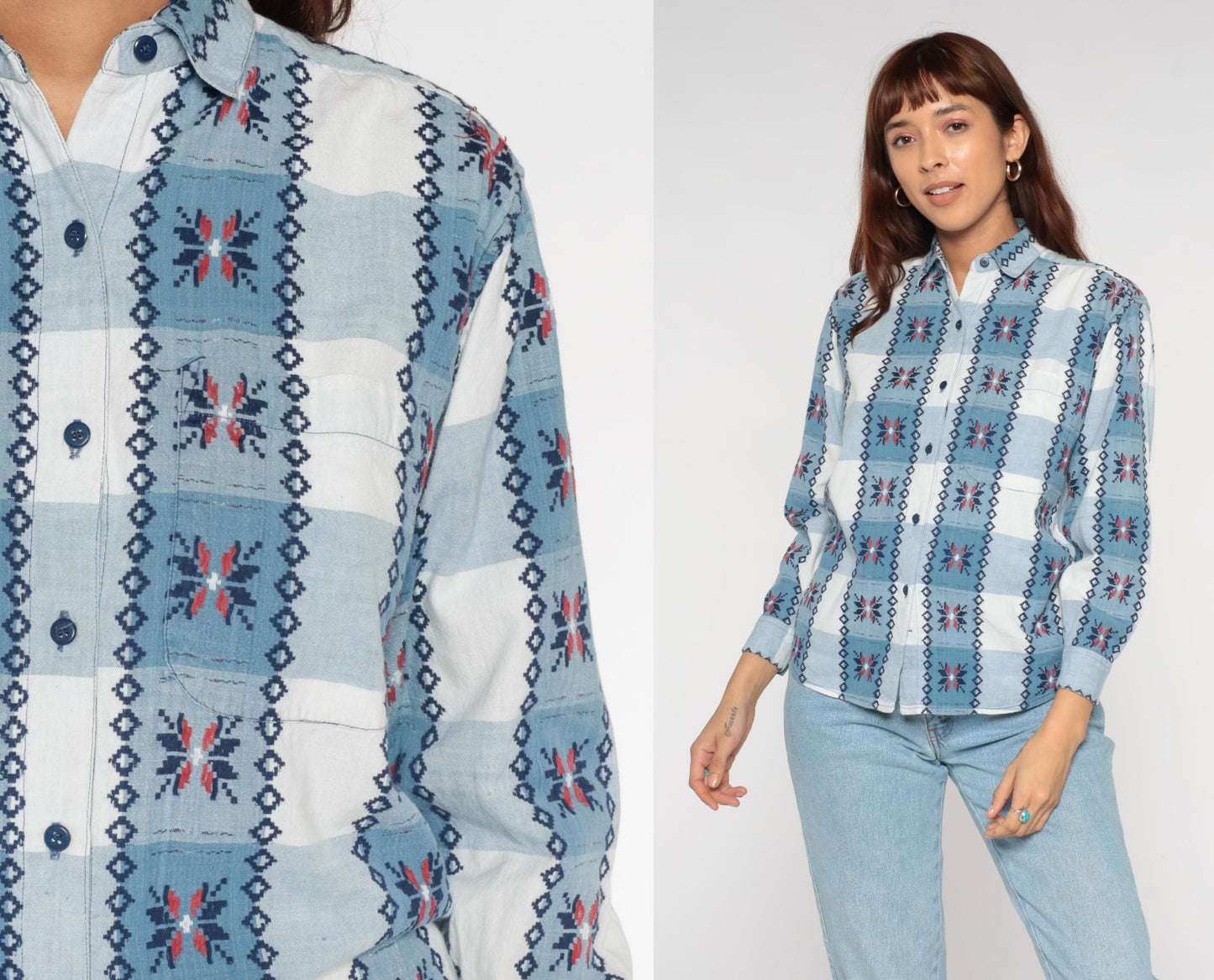 90s Keren Hart Southwestern Plaid Button Up Shirt Blue White Small S