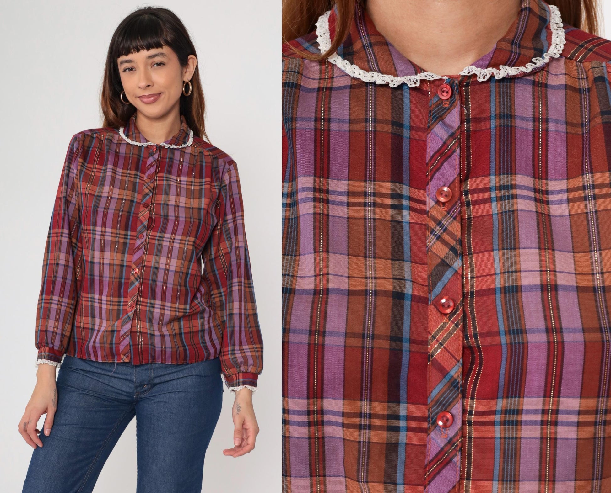 70s Burgundy Plaid Blouse Lace Collar Long Sleeve Prairie Shirt Medium