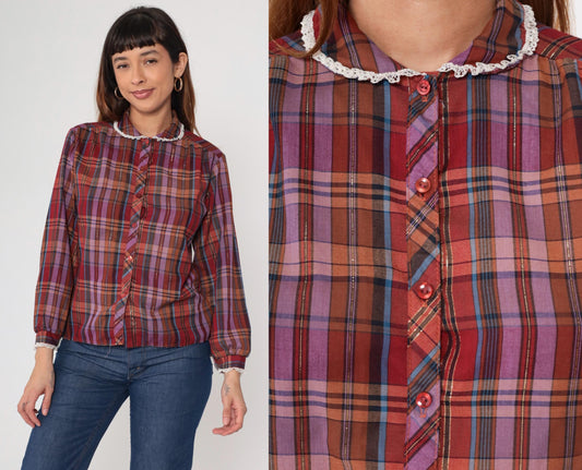 70s Burgundy Plaid Blouse Lace Collar Long Sleeve Prairie Shirt Medium