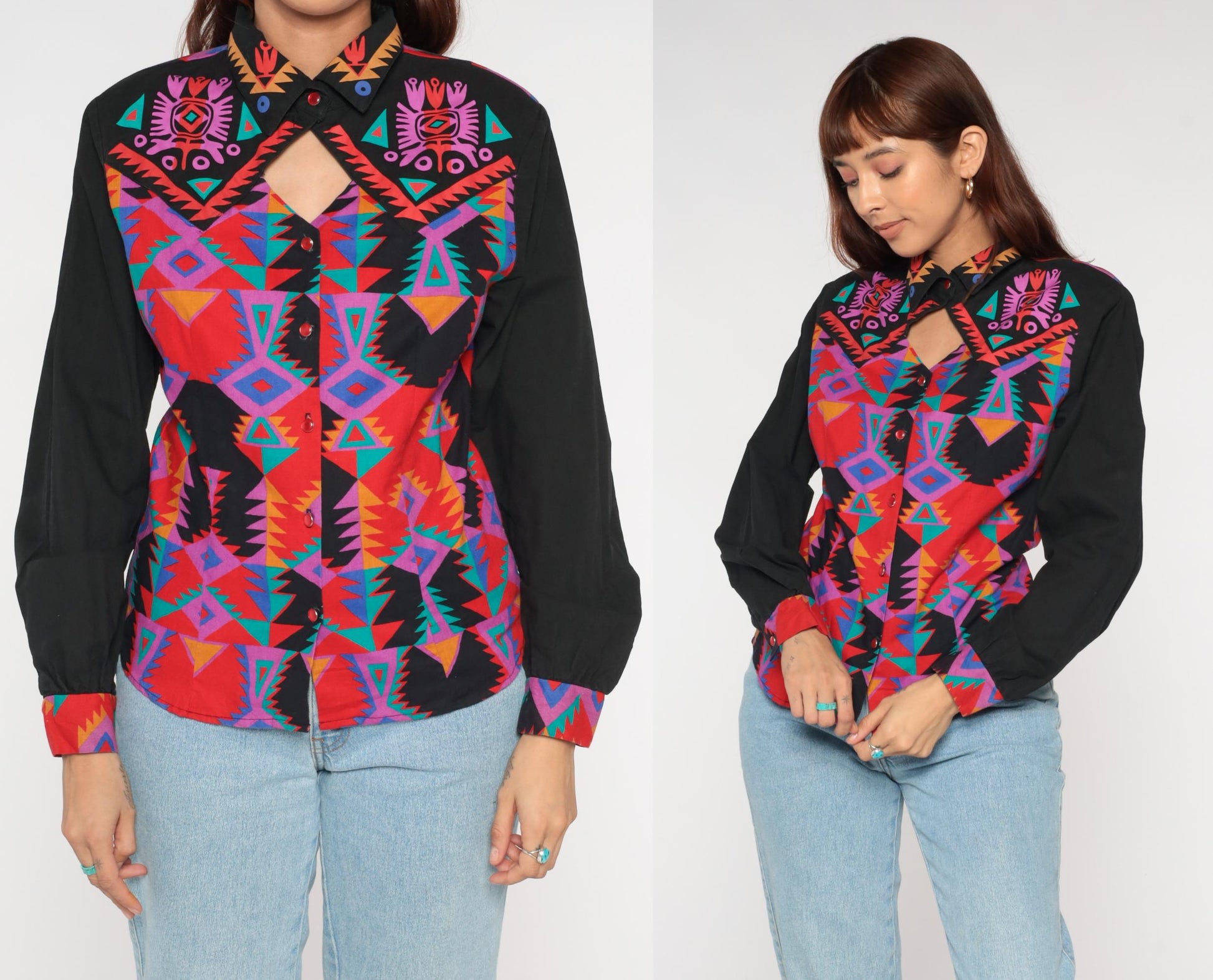 90s Western Plains Trading Co Southwestern Aztec Print Button Shirt Medium M