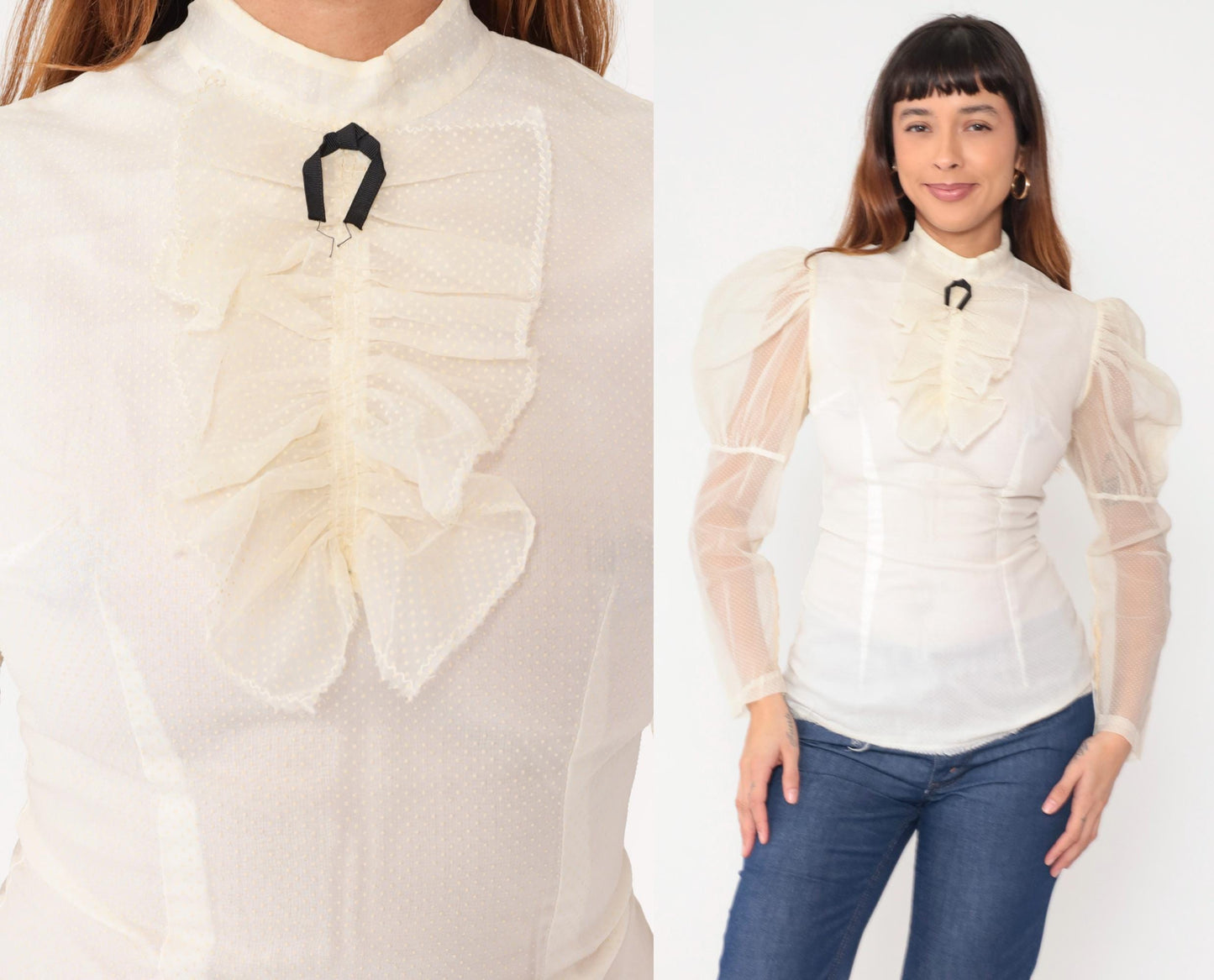 60s White Victorian Blouse Puff Sleeve Ruffle High Neck Bow Tie Small S