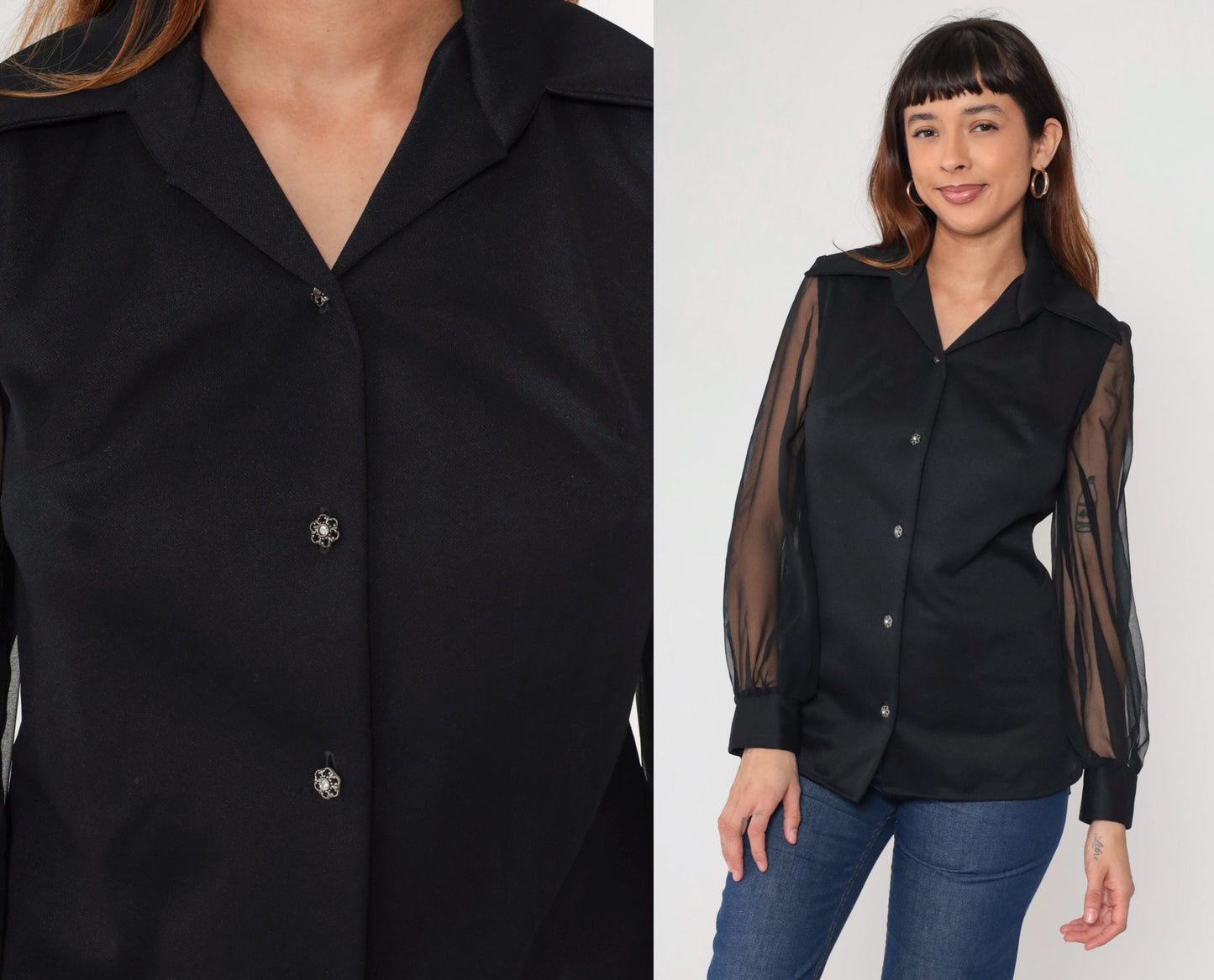 70s George Original California Black Chiffon Blouse Pointed Collar Long Sleeve Small