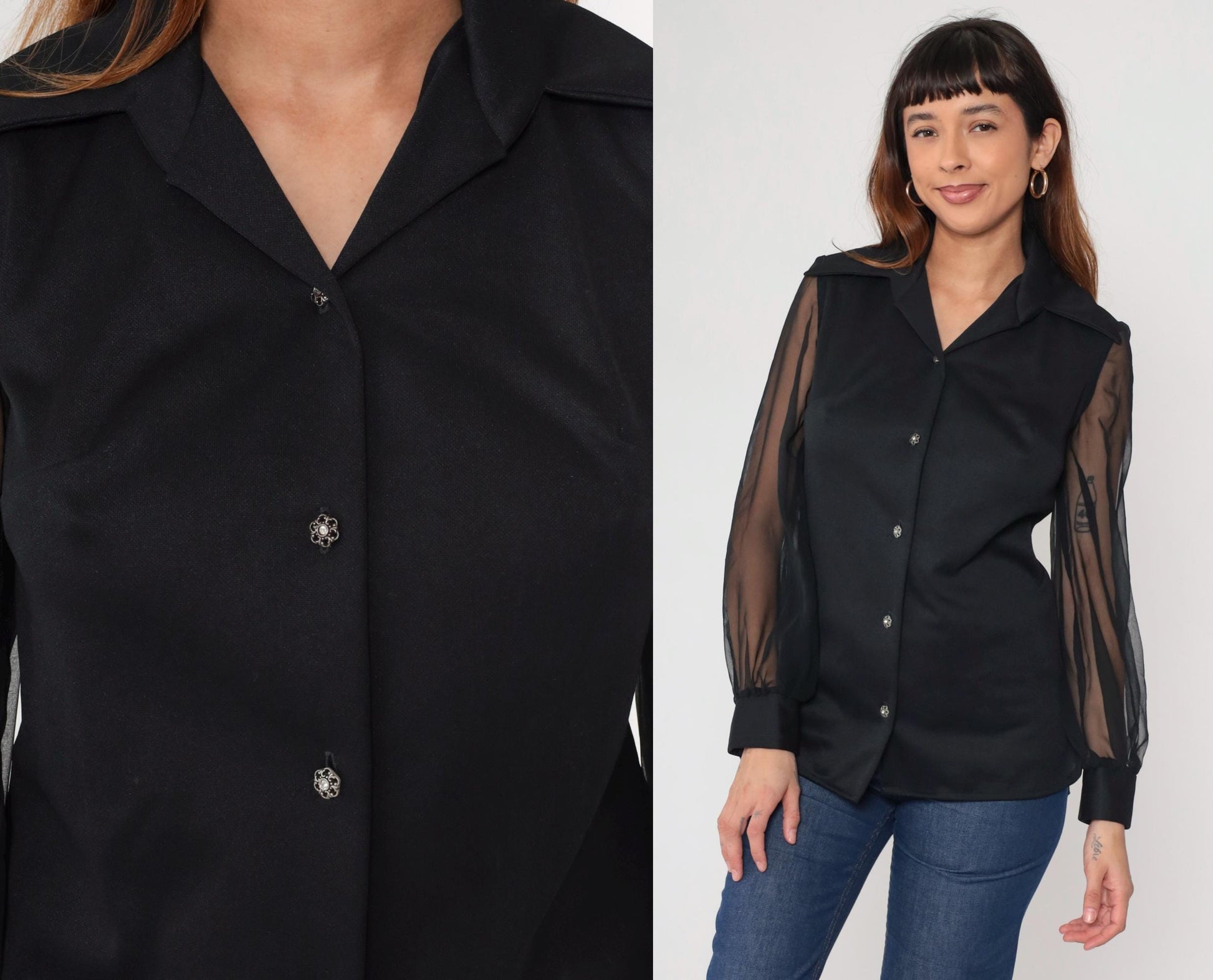 70s George Original California Black Chiffon Blouse Pointed Collar Long Sleeve Small
