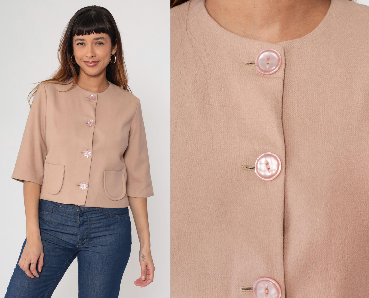 60s Beige Wool Cropped Jacket Pink Buttons Round Neck Short Sleeve Small S
