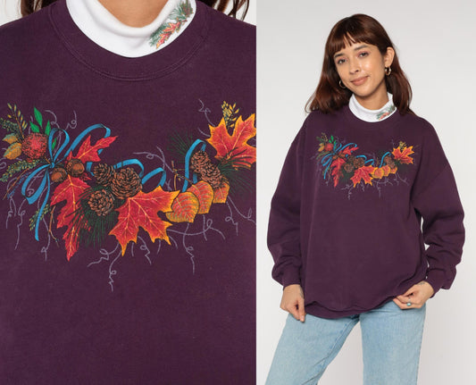 90s Jerzees Purple Autumn Sweatshirt Maple Leaf Pinecone Graphic Extra Large XL