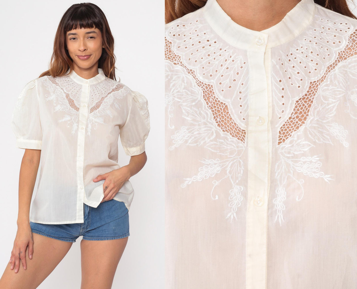 70s Floral Embroidered Cutwork Blouse Cream Puff Sleeve Button Up Medium M