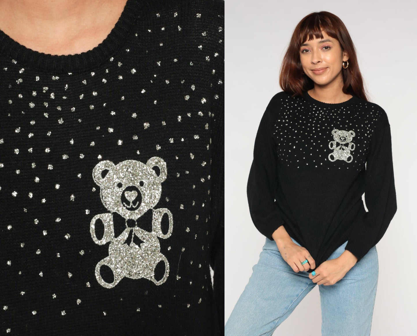 90s Western Sportswear Teddy Bear Sequin Sweater Black Small S