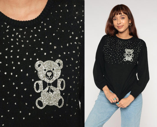 90s Western Sportswear Teddy Bear Sequin Sweater Black Small S