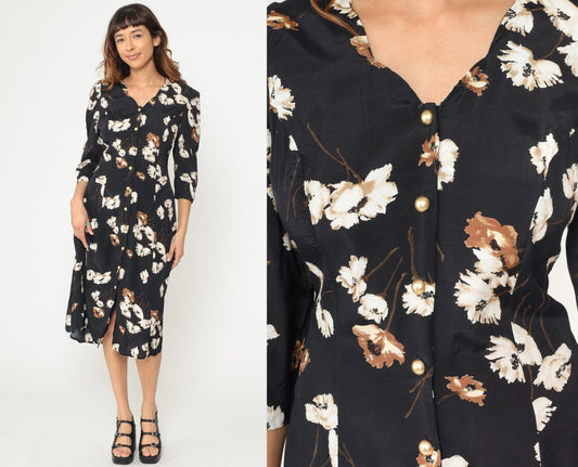 90s Caroline Wells Black Floral Midi Dress Pearl Buttons Lace-Up Back Medium