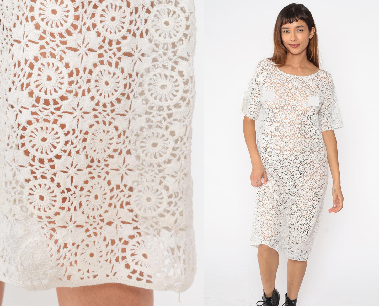 80s White Crochet Midi Dress Open Weave Cutwork Short Sleeve Large