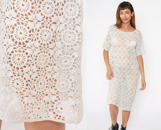 80s White Crochet Midi Dress Open Weave Cutwork Short Sleeve Large