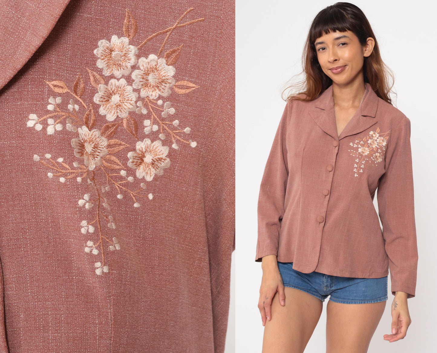80s Dusty Rose Floral Embroidered Blazer Notched Collar Button Front Small