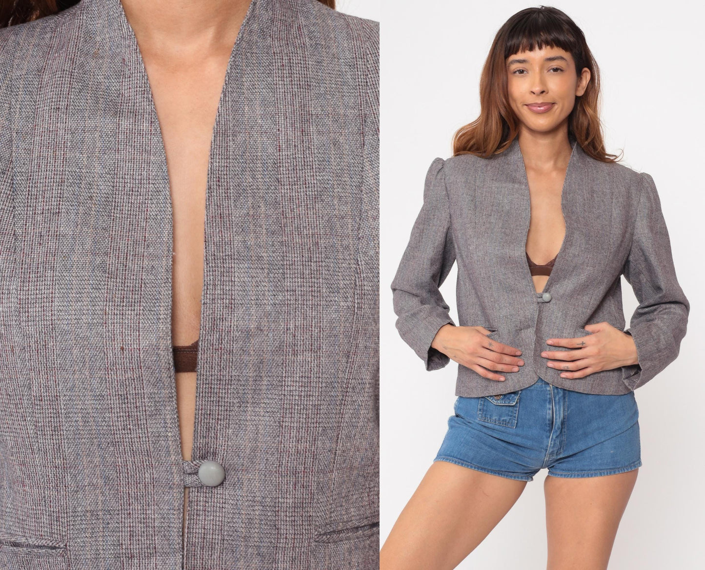80s Gilmor Grey Plaid Collarless Wool Blazer Cropped Fitted Medium M
