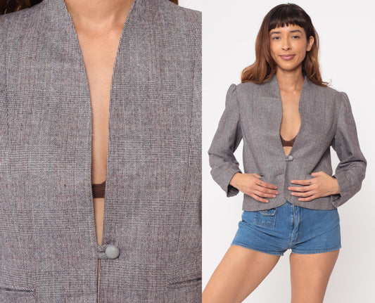 80s Gilmor Grey Plaid Collarless Wool Blazer Cropped Fitted Medium M