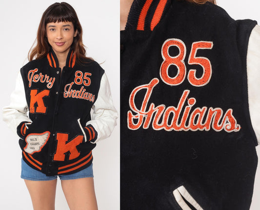 80s Terry Indians Varsity Letterman Jacket Wool Leather Small