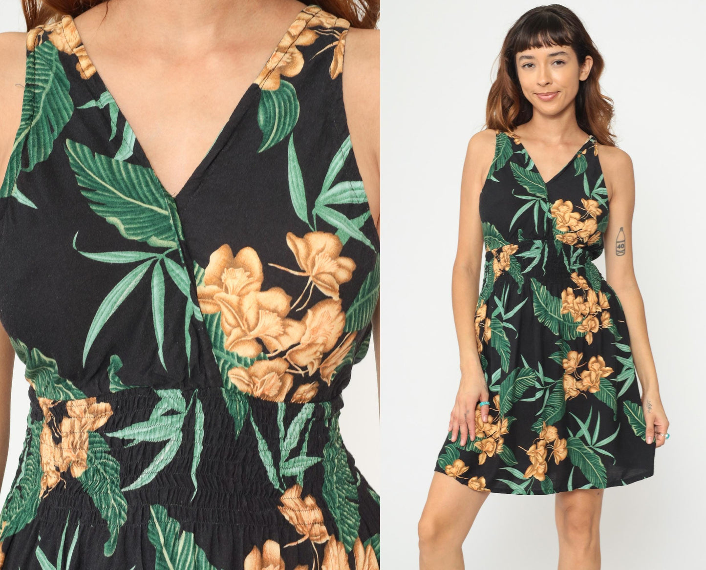 Y2K Hula Bay Tropical Floral Mini Dress Black Rayon V-Neck Large L