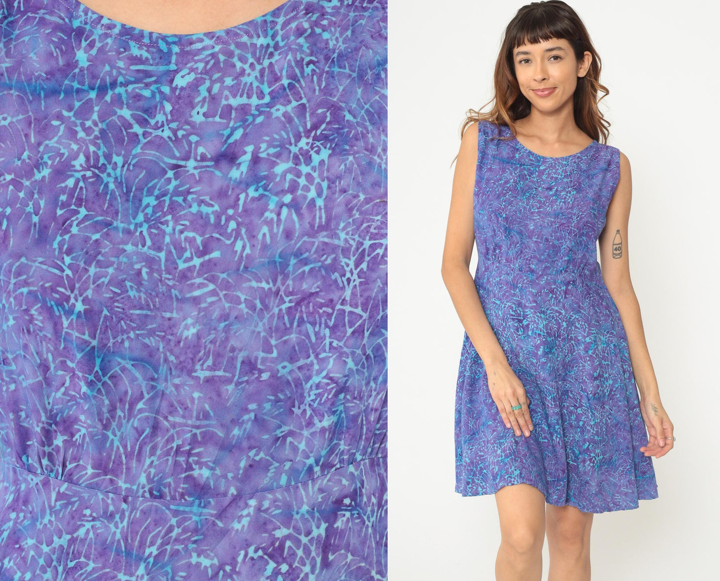 Y2K Tie Dye Mini Dress Purple Blue Turquoise Sleeveless A-Line Medium M