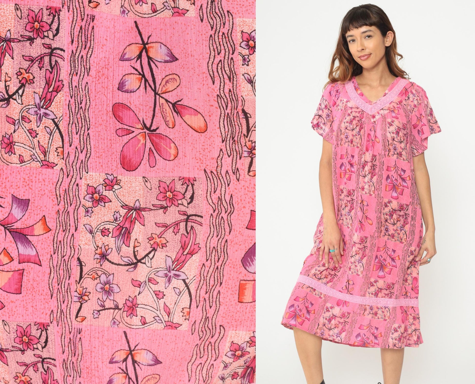 90s Longees Floral Midi Dress Pink Cotton V-Neck Tiered Ruffle Medium