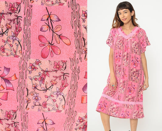 90s Longees Floral Midi Dress Pink Cotton V-Neck Tiered Ruffle Medium