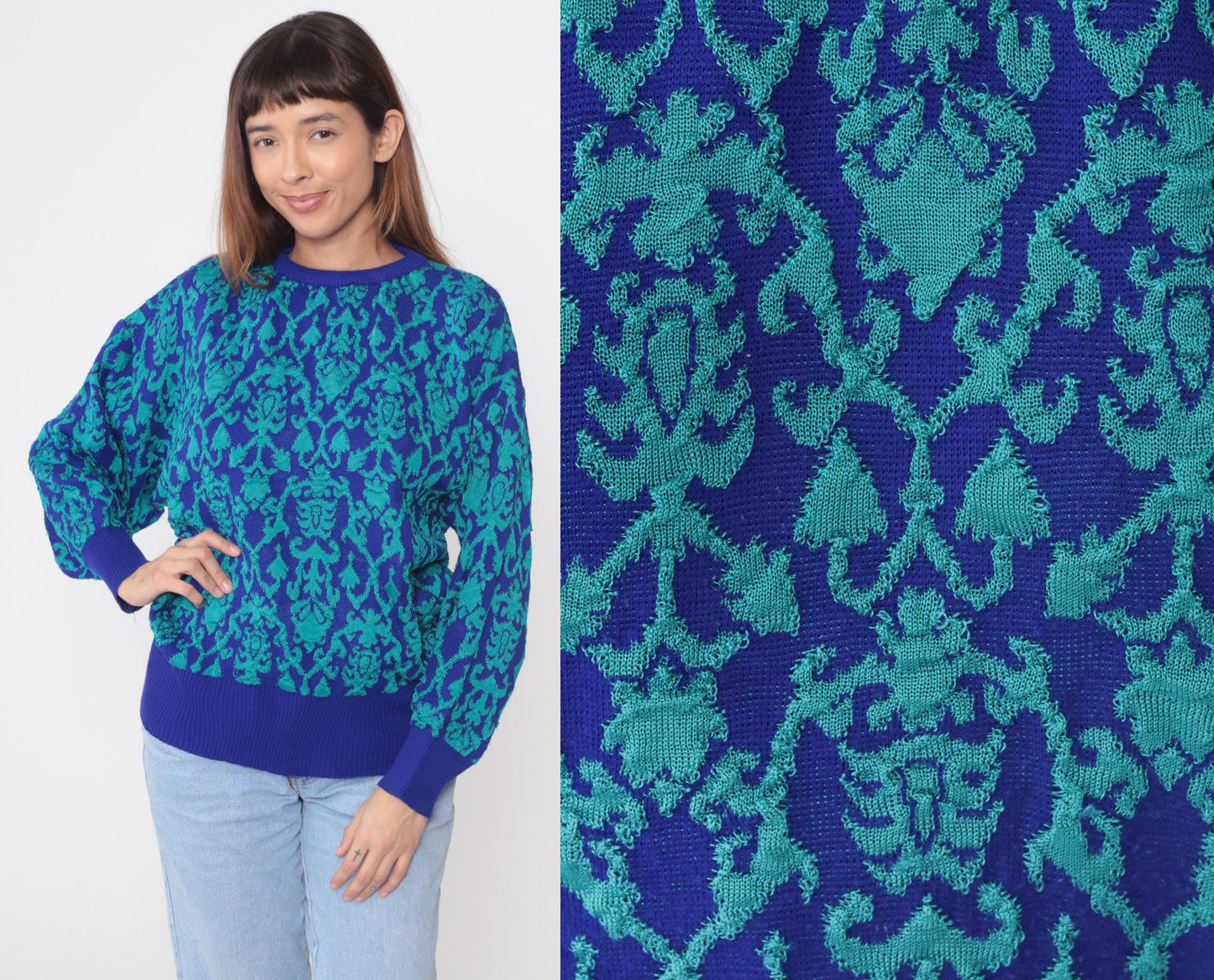 90s Carole Little Floral Damask Crew Neck Sweater Blue Teal Medium M