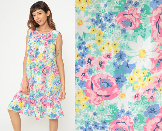 90s Anthony Richards Floral Midi Dress Sleeveless Drop Waist Medium M
