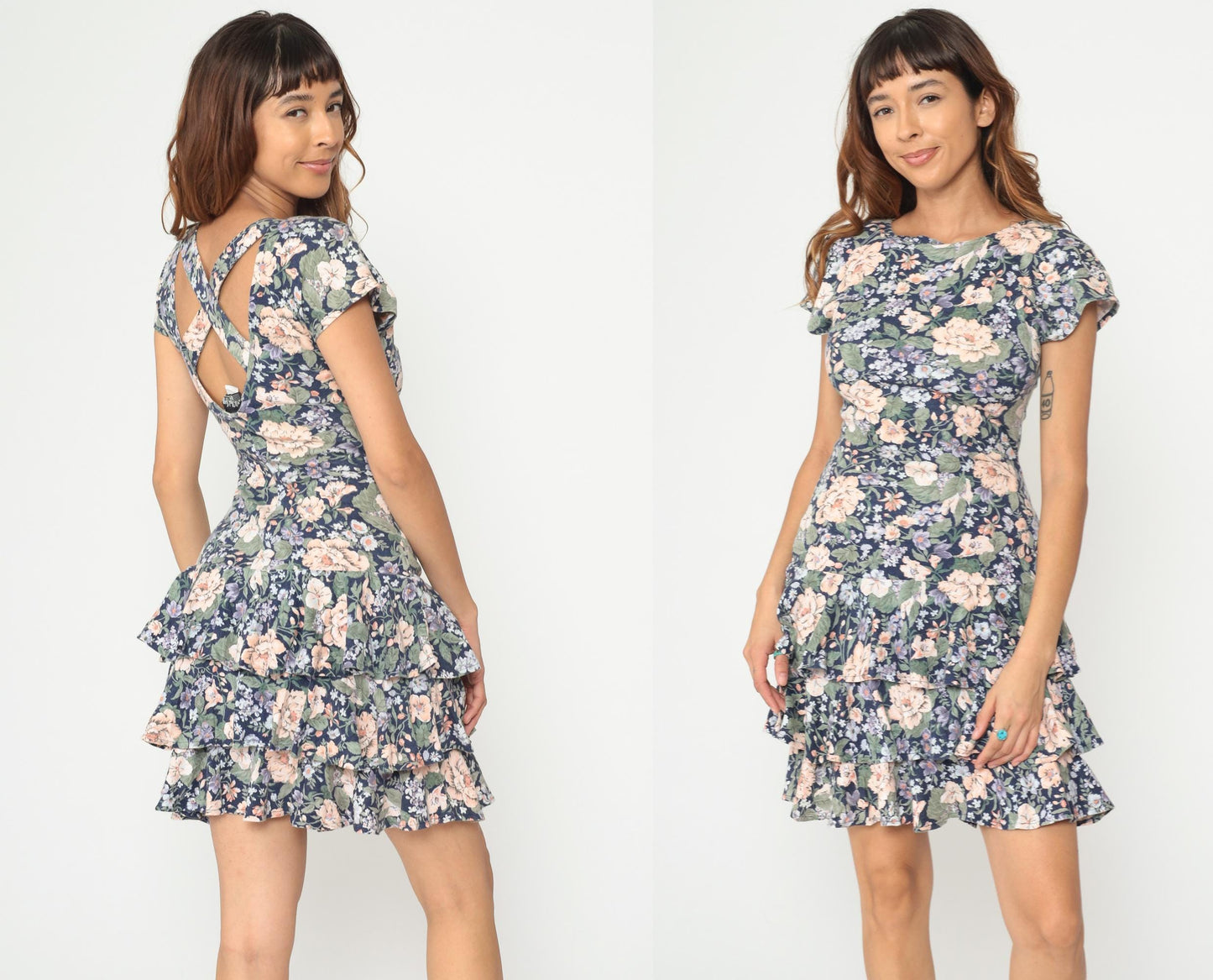 90s Floral Mini Dress Navy Peach Green Open Back Cap Sleeve Small