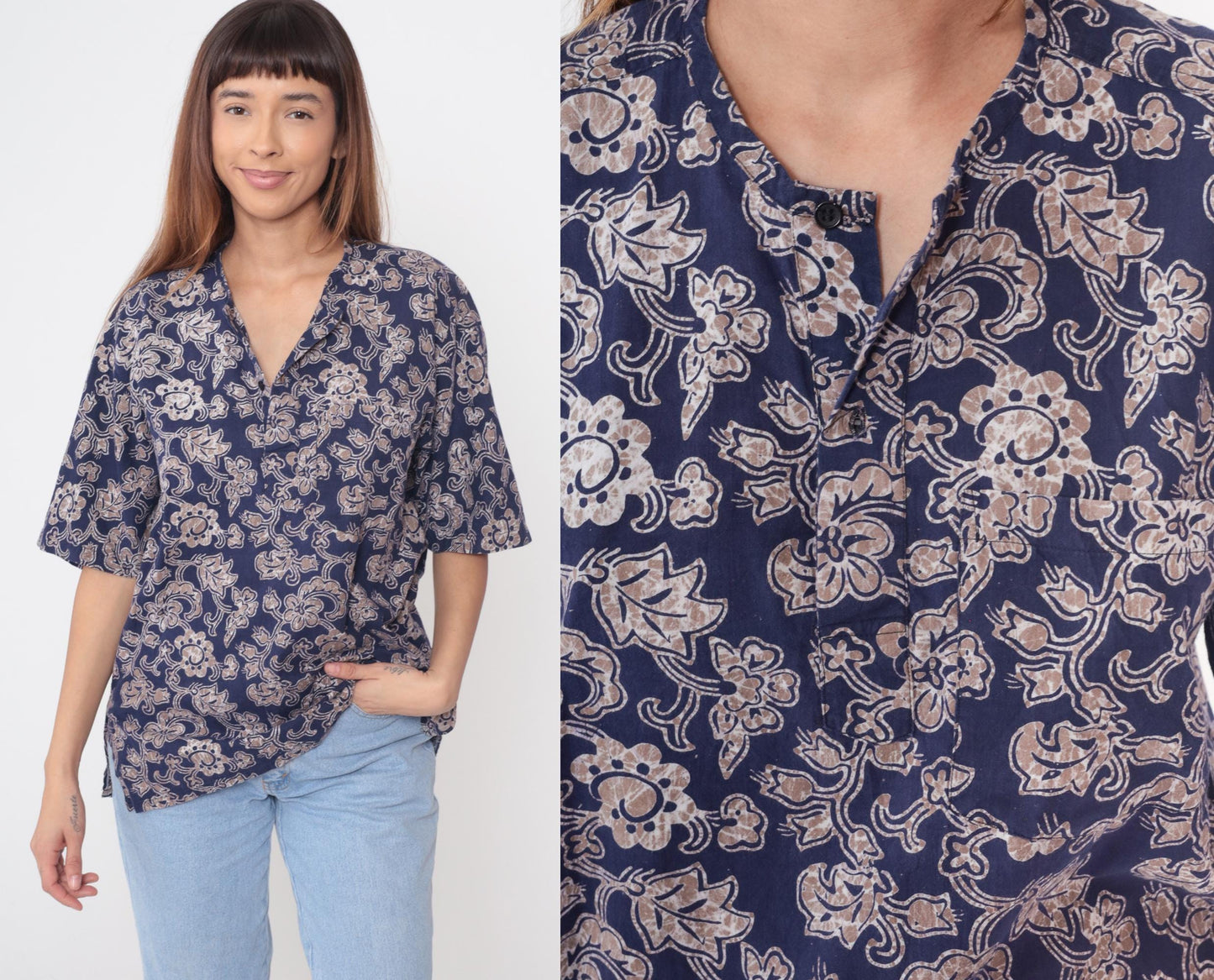 Y2K Craute Navy Paisley Floral Button-Up Blouse Short Sleeve Large L