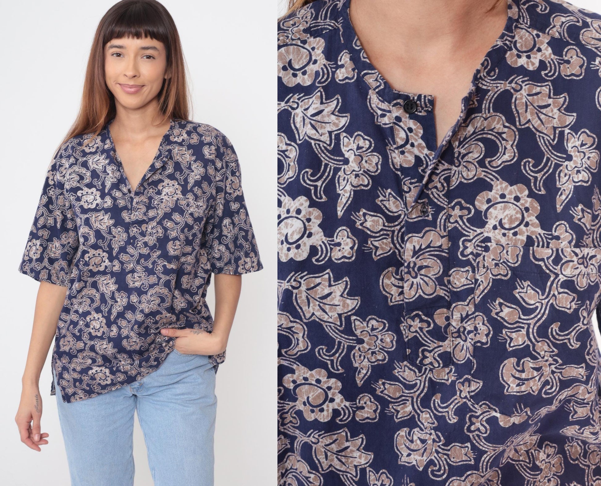 Y2K Craute Navy Paisley Floral Button-Up Blouse Short Sleeve Large L