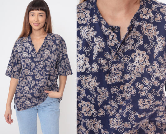 Y2K Craute Navy Paisley Floral Button-Up Blouse Short Sleeve Large L