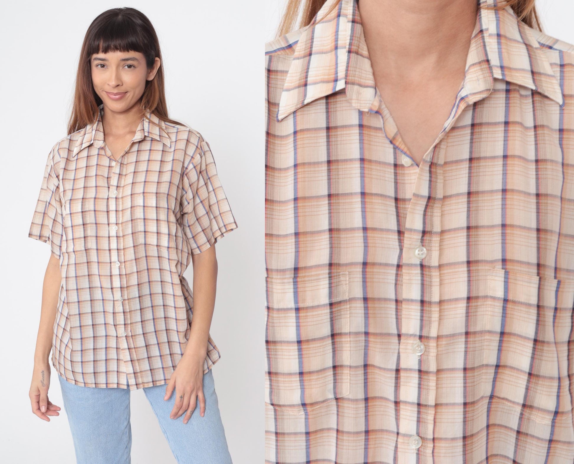 80s Van Heusen Plaid Button-Up Shirt Beige Brown Blue Check Medium