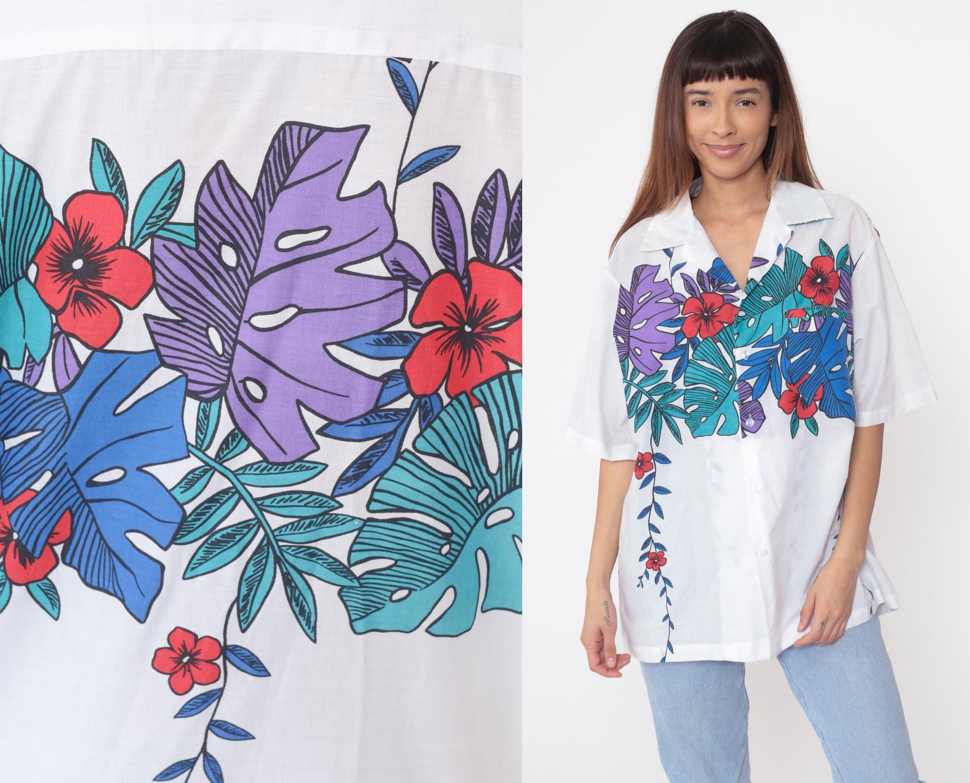 90s Hilo Hattie's Tropical Floral Shirt White Hawaiian Button Up Extra Large XL