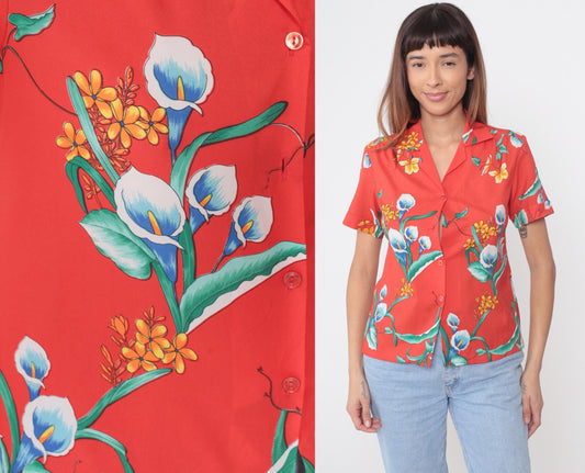 80s Hawaiian Shirt Red Floral Calla Lily Print Button Up Short Sleeve Medium