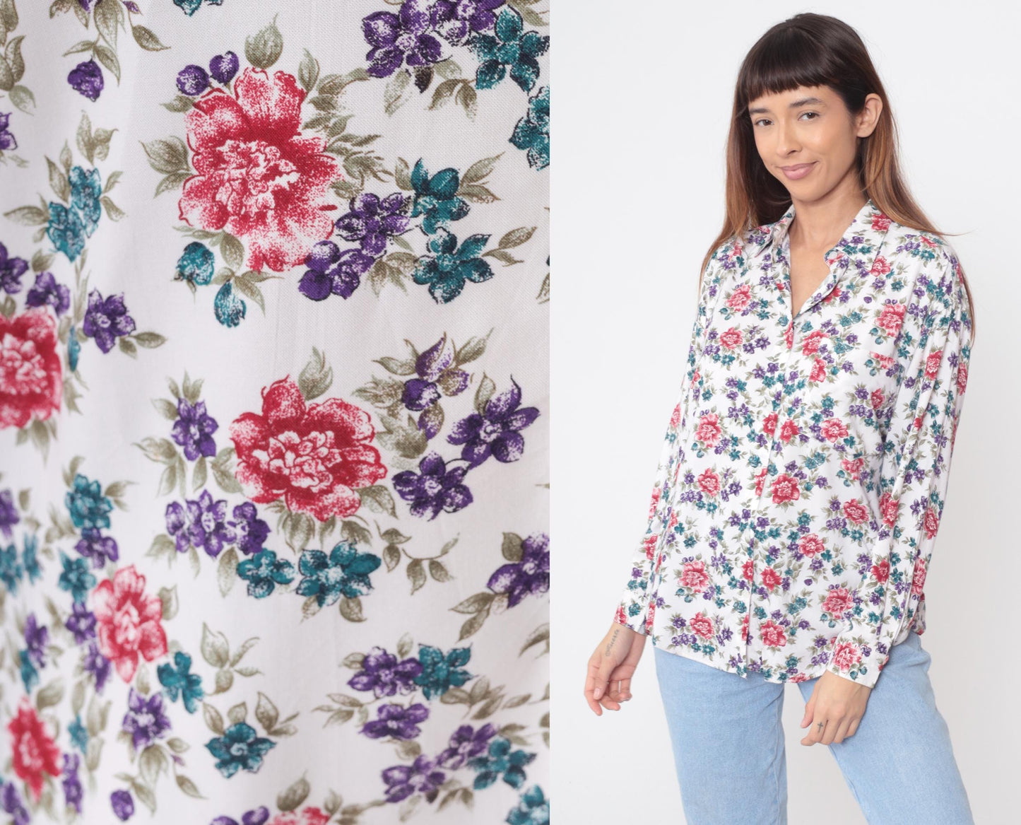 90s Ilio Floral Button-Up Blouse White Rose Print Rayon Medium M